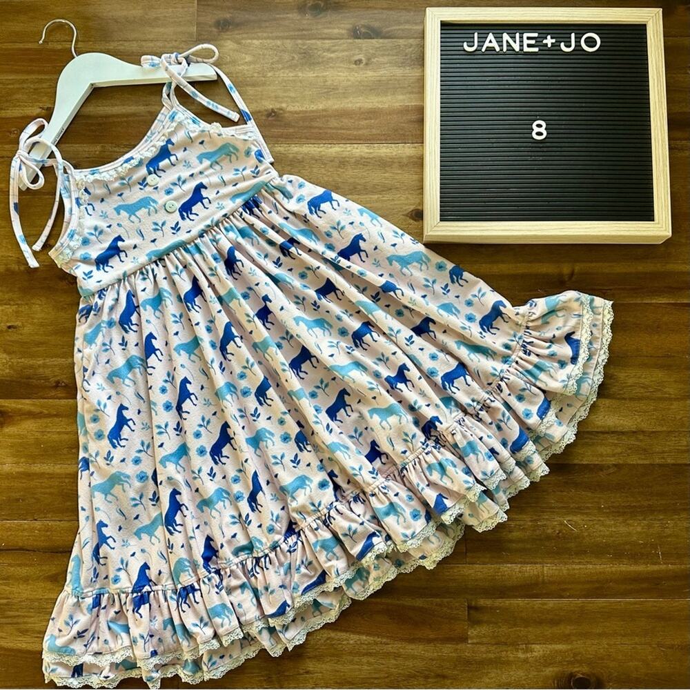 Jane + Jo House Dress Pink Blue Wild Horses Ruffle Sleeveless Lace Straps 8